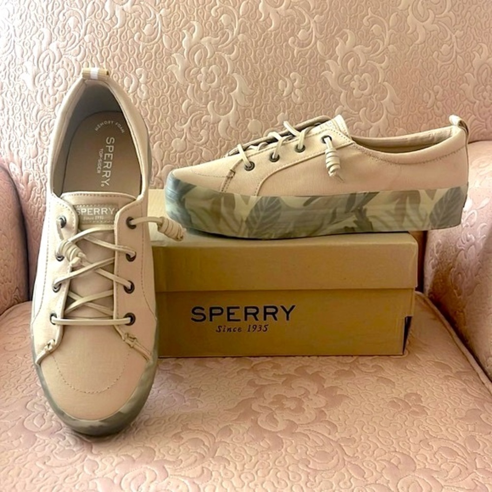 Brand New Sperry Crest Vibe Platform Sneakers Beige Green Leaf Tropical Neutral - Picture 2 of 16